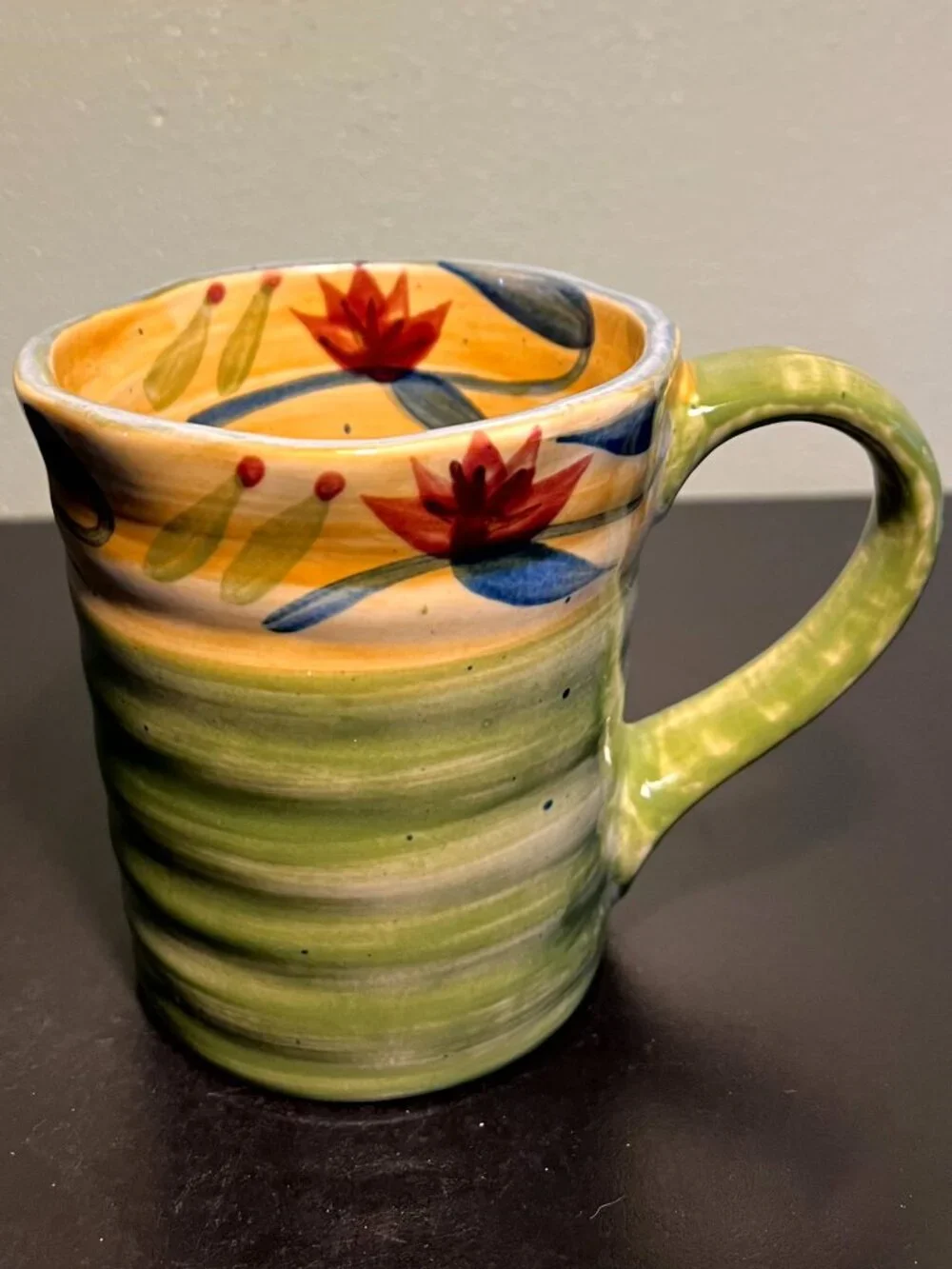 Pier 1 Imports Elizabeth Mug Red Floral Green Ribbed Stoneware Coffee Cup 17oz